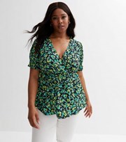 New Look Curves Black Floral Frill Wrap Top